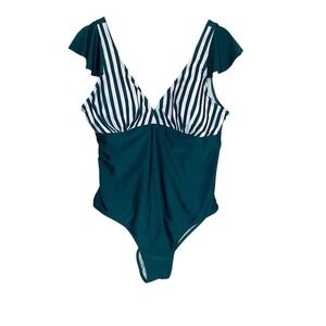 SHEIN Kelly Green-White Striped 1 Piece Swimsuit 2XL Ruffles New Summer Vacation